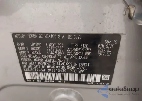 2019 Honda Hr-V Sport z USA, uszkodzony, nr VIN 3CZRU5H13KG713439
